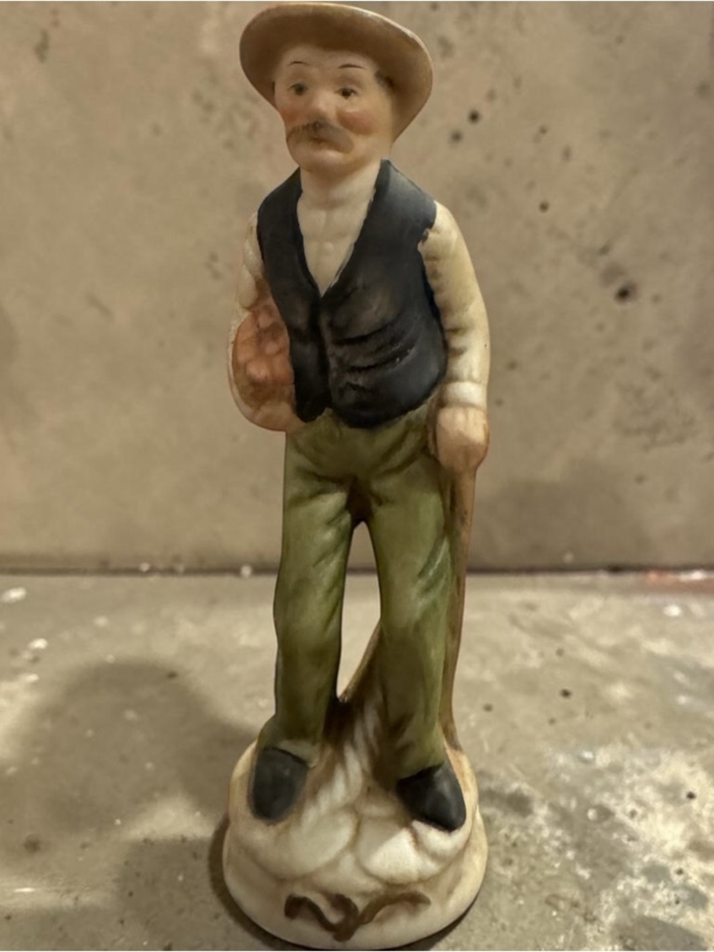 Vintage Old Man with a Cane Carrying a Basket of Apples Figurine 6”